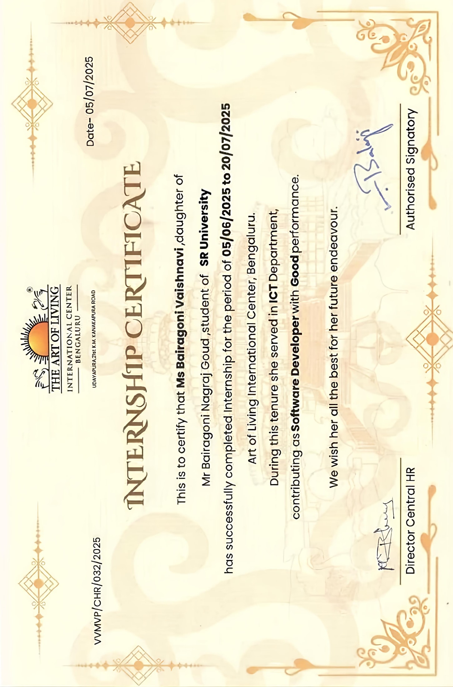 Art of Living Internship Certificate
